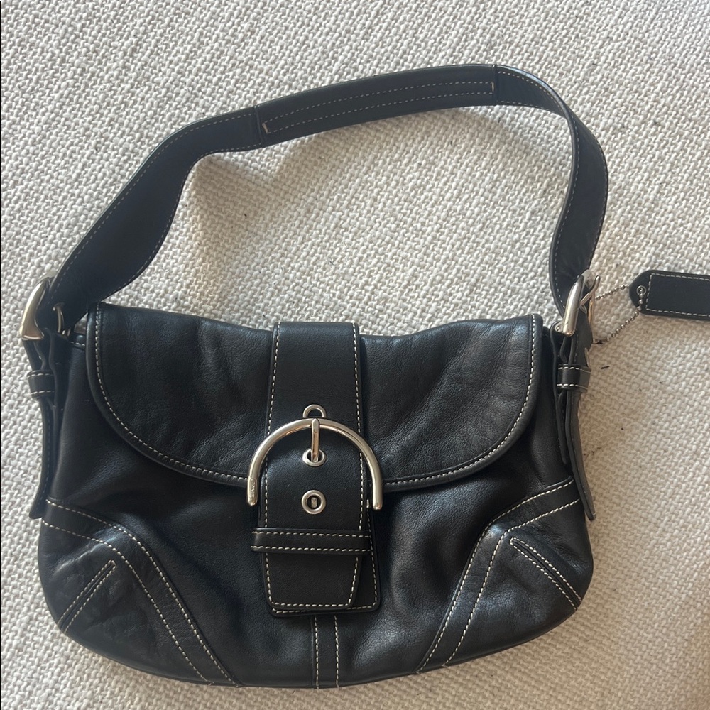 Coach Black Leather Shoulder Bag with Silver Accents